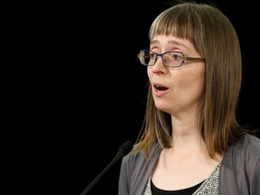 Alberta chief medical officer of health Dr. Deena Hinshaw gives her daily COVID-19 briefing at the Alberta legislature's Federal Building in Edmonton on April 2, 2020.