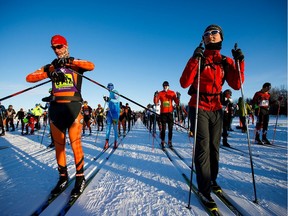 Participants prepare to get started during the Canadian Birkebeiner cross country ski race beginning at the Ukrainian Cultural Heritage Village on Saturday, Feb. 10, 2018.