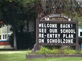 McKernan School rolled out the welcome back signage on Aug. 31, 2020, as public schools prepare to open Sept. 3 in Edmonton.