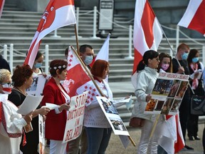 About 60 people mostly from the Belarusian community protest over the recent election results and the authoritarian Belarus president at the Alberta Legislature in Edmonton, September 3, 2020. Ed Kaiser/Postmedia