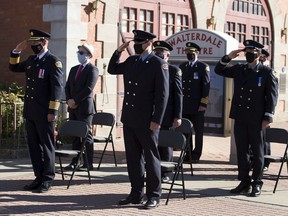 Edmonton Fire Rescue Services held a ceremony at the Firefighters Memorial Plaza on, Sept. 11, 2020 in Edmonton to honour the active and retired members from Edmonton Fire Rescue Services who have died during the past year.