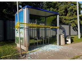 Approximately 80 bus shelters, like this one on Rabbit Hill Road near Terwillegar Drive on Sept. 17, 2020, have been vandalized throughout the city of Edmonton in the past few days, causing an estimated $60,000 damage.