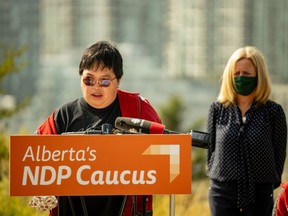 AISH recipient Mary Salvani speaks at a press conference in Calgary on Thursday, Sept. 17, 2020, as the NDP called on Premier Jason Kenney to reveal what changes in eligibility requirements could be in store amid the government's review.