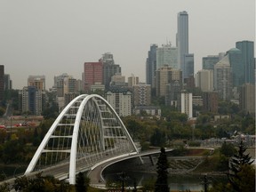 A hazy downtown Edmonton skyline on September 19, 2020. Thankfully, the smoke has all but dissipated.
