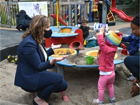 Minister of Children's Services Rebecca Schulz visits a daycare at Canada Place after annoucing with federal Minister of Families, Children and Social Development Ahmed Hussen who was online, new funding for the child care sector in Edmonton, September 22, 2020.