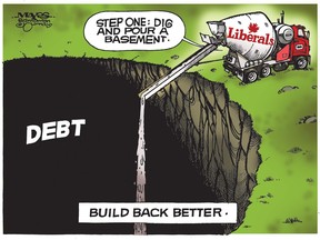 Federal Liberals build back better with debt. (Cartoon by Malcolm Mayes)