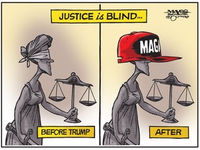 Donald Trump's Supreme Court appointments influence blind justice. (Cartoon by Malcolm Mayes)