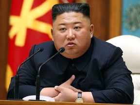 North Korean leader Kim Jong Un speaks during a meeting of the Political Bureau of the Central Committee of the Workers' Party of Korea (WPK) in Pyongyang, April 11, 2020.
