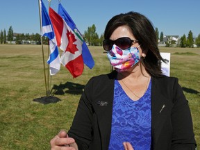 Alberta Minister of Education Adriana LaGrange attends a ground-breaking at the site of Ecole a la Decouverte in Edmonton, Sept. 10, 2020.