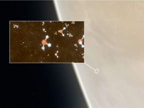 A handout photo made available on September 14, 2020 by the European Southern Observatory shows an artistic impression depicting our Solar System neighbour Venus, where scientists have confirmed the detection of phosphine molecules, a representation of which is shown in the inset.