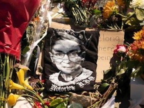 A makeshift memorial for late U.S. Supreme Court Justice Ruth Bader Ginsburg near the steps of the U.S. Supreme Court on Sept. 21 in Washington.