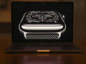The Apple Watch Series 6 is seen on a laptop computer during a virtual product launch on Sept. 15, 2020.
