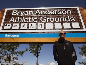 Former Edmonton city councillor Bryan Anderson at the unveiling of the new Bryan Anderson Athletic Grounds sign in June 2019.