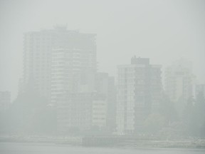 Buildings in West Vancouver, B.C., are obscured due to the heavy smoke in the air Monday, Sept. 14, 2020. Heavy smoke and poor air quality have been caused due to the wildfires burning south of the border.