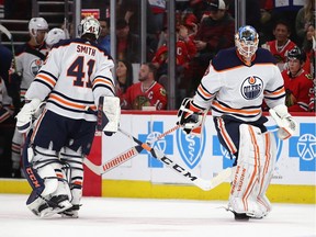 Mikko Koskinen (19) replaces fellow Edmonton Oilers goalie Mike Smith (41) in the second period against the Chicago Blackhawks at the United Center on March 05, 2020, in Chicago, Illinois.