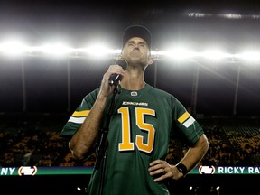 Ricky Ray speaks to the crowd during his Wall of Honour induction ceremony at Commonwealth Stadium on Sept. 20, 2019.