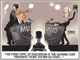 Debaters Donald Trump and Joe Biden revert to mudslinging. (Cartoon by Malcolm Mayes)