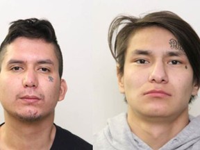 Josiah William Quinn, 27, left, and Joshua Gauthier, 21, along with Justin Sutherland, 33, all known to reside in both Edmonton and Calgary, are charged with 65 offences, including one count each of robbery with a firearm and disguise with intent for a robbery at the Dover Hotel in north Edmonton.