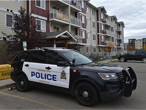 Police received reports of a bloodied person with a machete banging on the doors of a residence in the Brintnell Apartments at 432 Brintnell Blvd. in north Edmonton on Monday, Oct. 5, 2020.