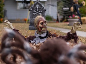 Halloween decorations are seen on a home in the Gold Bar neighbourhood of Edmonton, on Wednesday, Oct. 7, 2020. Halloween is going ahead in Edmonton with new safety rules due to the COVID-19 pandemic.