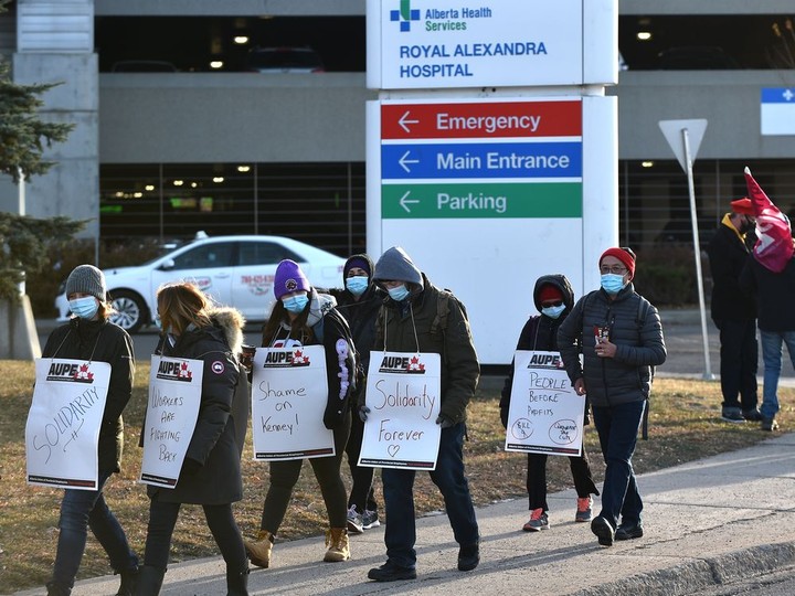  Health-care workers walked off the the job outside the Royal Alexandra Hospital joining others at various health care locations across Alberta on Monday, Oct. 26, 2020.