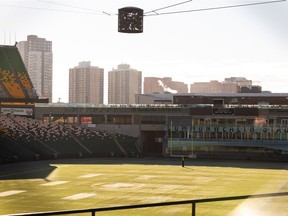 Commonwealth Stadium is seen in Edmonton, on Tuesday, Oct. 27, 2020. The inside concession area of the stadium is being used as an overnight shelter operated by Hope Mission.