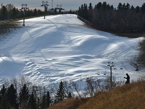 The snow that was made by Snow Valley Ski Hill last week seems to be sticking around even with above zero temperatures this week but we'll see as the forecast Sunday starts to bring above 10 degrees for a few days in Edmonton, October 28, 2020.