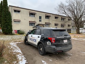 Edmonton police respond to a shooting at a north side apartment building, 9108 127 Ave., on Friday, Oct. 23, 2020.