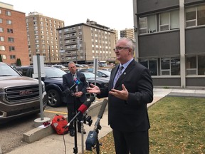 Tim Cusack, deputy superintendent of Edmonton Catholic Schools, speaks outside the Lumen Christi Catholic Education Centre in Edmonton on Monday, Oct. 5, 2020.