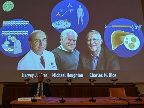 Nobel Committee member Patrik Ernfors sits in front of a screen displaying the winners of the 2020 Nobel Prize in Physiology or Medicine, (L-R) American Harvey Alter, Michael Houghton and American Charles Rice, during a press conference at the Karolinska Institute in Stockholm, Sweden, on Oct. 5, 2020.