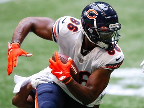 Demetrius Harris of the Chicago Bears turns upfield after the reception during the second half of an NFL game against the Atlanta Falcons at Mercedes-Benz Stadium on Sept. 27, 2020, in Atlanta.