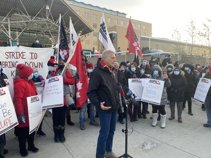  AUPE president Guy Smith addresses media after AUPE health-care workers walk off the job and picket outside the Royal Alexandra Hospital in Edmonton on Monday, Oct. 26, 2020.