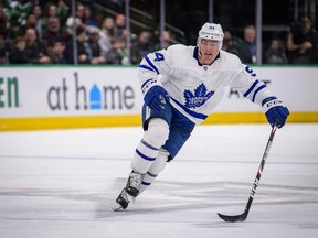 Jan 29, 2020; Dallas, Texas, USA; Toronto Maple Leafs defenseman Tyson Barrie (94) in action during the game between the Stars and the Maple Leafs at the American Airlines Center. Mandatory Credit: Jerome Miron-USA TODAY Sports ORG XMIT: USATSI-405769