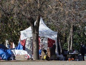 The homeless camp in Light Horse Park, in Edmonton Monday Oct. 12, 2020. Residents of the camp moved to the park after closing a protest homeless camp in Dr. Wilbert McIntyre Park.