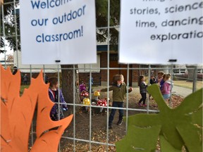 A kindergarten class working in the outdoor classroom environment at Mount Royal School which was set up through the support of the parent council In Edmonton, October 9, 2020. Ed Kaiser/Postmedia