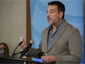 Alberta Federation of Labour president Gil McGowan announces the launch of the "stand up to Kenney" campaign during a press conference in Edmonton on Wednesday, Oct. 28, 2020.