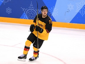 Dominik Kahun of Germany celebrates after scoring against Russia during the gold-medal game on Day 16 of the PyeongChang 2018 Winter Olympic Games on Feb. 25, 2018, in Gangneung, South Korea.