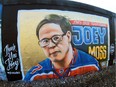 AJA Louden's tribute to Joey Moss on the Edmonton Free Wall along the LRT tracks near 95 Street and 105 Avenue.