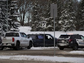 Police attend to a two vehicle accident that occurred at the corner of 98 Avenue and 75 Street on Sunday, Nov. 8, 2020 in Edmonton.