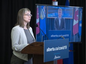 Alberta's chief medical officer of health Dr. Deena Hinshaw attends a COVID-19 update with Health Minister Tyler Shandro appearing remotely.