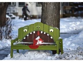 Not sure if one would sitdown on this bench outfront of a home in Holyrood area of Edmonton, November 13, 2020. Ed Kaiser/Postmedia