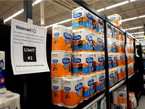 This Walmart store in Edmonton still had stock of bathroom tissues and paper towels on Thursday November 26, 2020 but is limiting the purchase of these items to two per transaction.