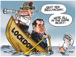 White collar workers want lockdowns to move forward in Jason Kenney's Alberta. (Cartoon by Malcolm Mayes)