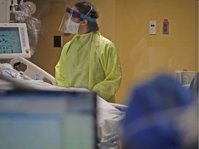 Calgary, Alberta - April 20, 2020 - Staff on the ICU Unit at PLC in Calgary on April 17, 2020. Photo by Leah Hennel/AHS