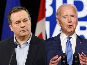 Alberta Premier Jason Kenney is pictured side-by-side with U.S. President-elect Joe Biden.