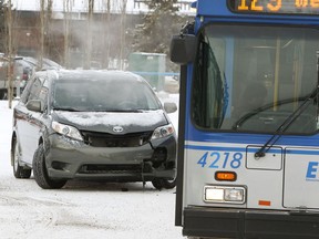 A non-injury fender bender is seen between a mini van and an ETS bus in Edmonton. File photo.