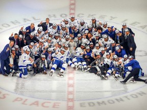 The Tampa Bay Lightning pose with the Stanley Cup after defeating the Dallas Stars in Game 6 of the 2020 Stanley Cup Final at Rogers Place on Monday, Sept. 28, 2020.