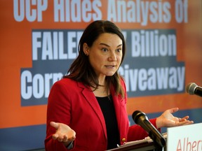 Alberta NDP Opposition Finance Critic Shannon Phillips calling on the UCP government to release a fiscal analysis of its corporate tax cut on Nov. 3, 2020.