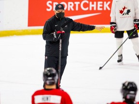 Team Canada head coach Andre Tourigny runs practice at the Centrium arena in Red Deer on Wednesday, Nov. 18, 2020.