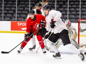 Member of Hockey Canada's world junior training camp take part in a scrimmage on Saturday at the Westerner Park Centrium in Red Deer on Saturday, Nov. 21, 2020.